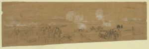 Hooker's division engaging the Confederates at Williamsburg. Sketch by Alfred Waud. Courtesy of the Library of Congress.